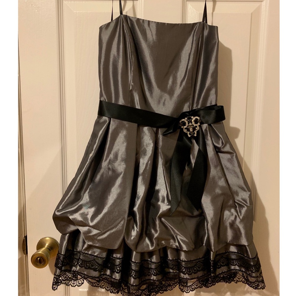 Silver, strapless prom dress